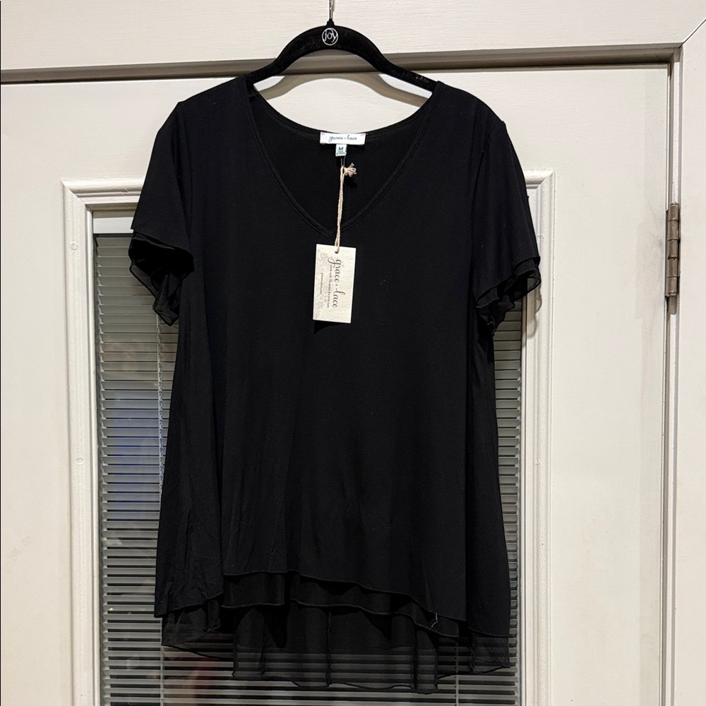 Grace & Lace Black V-Neck Short Flutter Sleeve Tiered Top Swing Tee